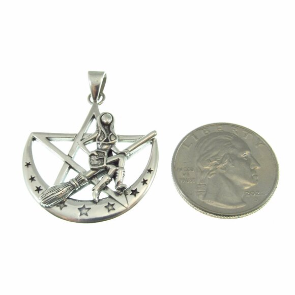 Solid 925 Sterling Silver Salem Witch on Broom Crescent Moon Pentagram Pendant - Picture 5 of 9
